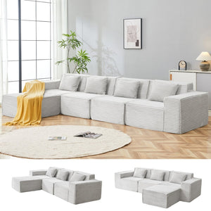 English Elm L-shaped Modular Sectional with Ottoman Corduroy Upholstery Four Seat Living Room Sofa Light Gray W2699S00093
