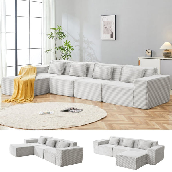 English Elm L-shaped Modular Sectional with Ottoman Corduroy Upholstery Four Seat Living Room Sofa Light Gray W2699S00093