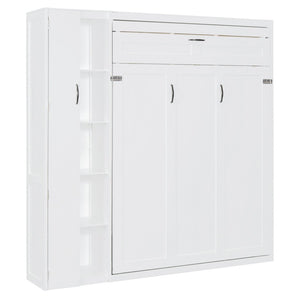 English Elm Queen Murphy Wall Bed with Led Lighting Open Shelves and Wardrobe Cabinet Storage White LP000899AAK-1