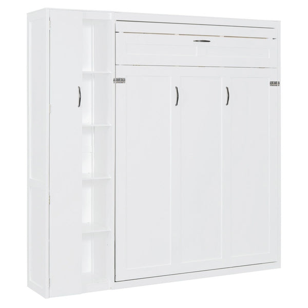 English Elm Queen Murphy Wall Bed with Led Lighting Open Shelves and Wardrobe Cabinet Storage White LP000899AAK-1