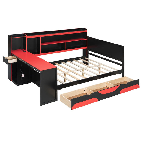 English Elm Full Size Gaming Bed Frame with Desk Led Lights Storage Drawers and Charging Station Black+Red LP000289AAJ
