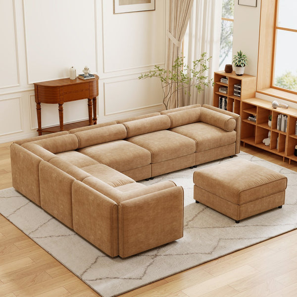 English Elm Modern 6-Piece Modular Sectional Sofa Camel Chenille with Cylindrical Support & Hidden Storage, Versatile Configurations W714S01234