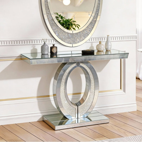 English Elm Mirrored Olive Console Table Crushed Diamante Glass Glam Hallway Entryway Accent W3836P427990