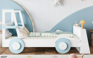 English Elm Twin Pine Treehouse Floor Bed with Padded Rails and Cabin Roofline for Kids White+Blue W1580S00470