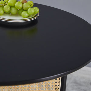 English Elm Black solid wood round table with rattan base, 31.5" diameter, 500 lb capacity, modern versatile dining centerpiece W2720P237621