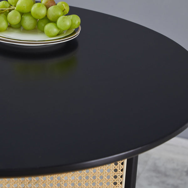 English Elm Black solid wood round table with rattan base, 31.5" diameter, 500 lb capacity, modern versatile dining centerpiece W2720P237621
