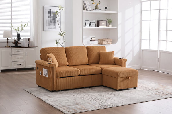 English Elm UNITED Corduroy L-Shaped Sectional Sofa with Storage Ottoman, USB Ports, Cup Holders & LED Lighting Mustard yellow W1568P332403