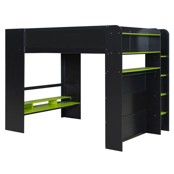 English Elm Full Size Gaming Bunk Bed with Rgb Lighting Integrated Desk Wardrobe and Storage Green LT100266AAG