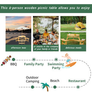 English Elm Outdoor 6 Person Round Picnic Table Set With 3 Benches, Umbrella Hole, Durable Design For Patios W2275P149762-GIGA