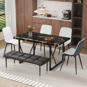 English Elm Table Modern Black Marble Pattern Dining Set - 6-Piece With Pu Chairs & Bench For Elegant Dining W1151S03579-GIGA