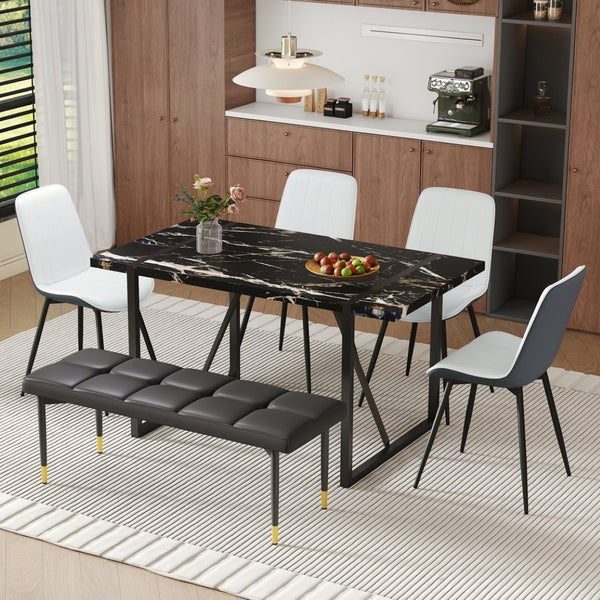 English Elm Table Modern Black Marble Pattern Dining Set - 6-Piece With Pu Chairs & Bench For Elegant Dining W1151S03579-GIGA