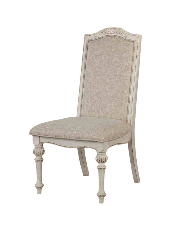 English Elm Elegant Round Pedestal Dining Set Carved Wood Table with Four Upholstered Side Chairs Antique White,Ivory B2741S00890