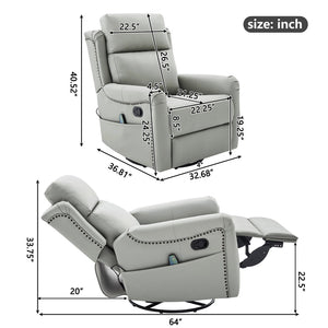 English Elm Modern Swivel Rocker Recliner Pu Leather Chair with Massage Heat and Storage Pocket Grey N763P399629E
