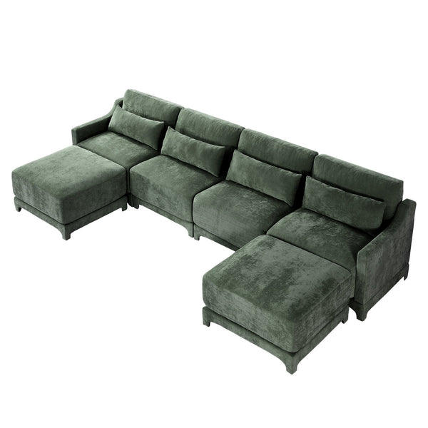 English Elm Four-Seater Sofa Set With Movable Ottoman, Ergonomic Lumbar Pillow, Premium Chenille Upholstery, Green W714S01222