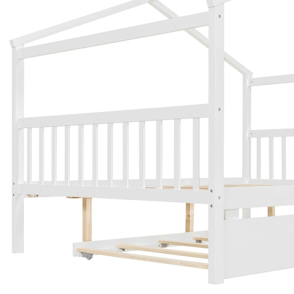 English Elm Full Size House Bed Solid Pinewood Frame with Pull Out Twin Trundle for Kids White LP000305AAK-1