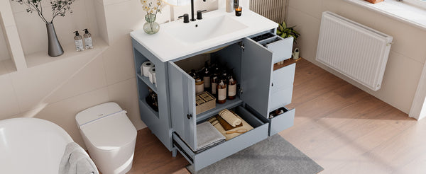 English Elm 36" Freestanding Bathroom Vanity Solid Wood Cabinet Ceramic Basin Four Drawers White W1580P382509
