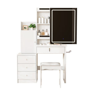 English Elm Vanity Desk with Lighted Sliding Mirror Hidden Storage and Cushioned Stool White Bedroom W2700P369513