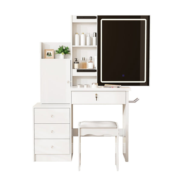 English Elm Vanity Desk with Lighted Sliding Mirror Hidden Storage and Cushioned Stool White Bedroom W2700P369513