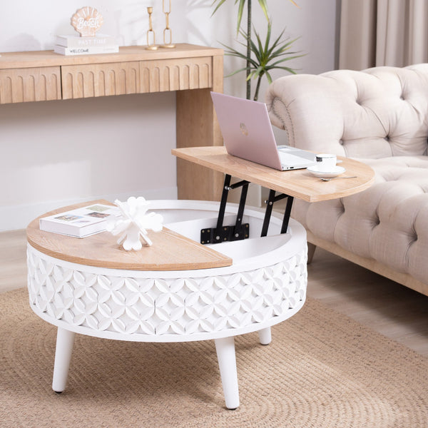 English Elm Round Lift-Top Coffee Table with Storage — 31.5" Boho Modern Farmhouse Accent, White Carved Base, Natural Wood Top W2729P330223