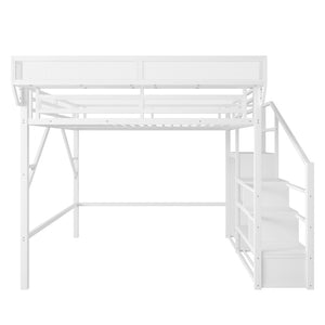 English Elm Queen Size Loft Bed With Stairs & Storage Shelves - Stylish Metal Frame For Kids & Teens, White W2580S00031-GIGA