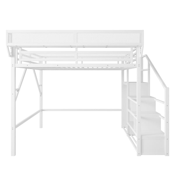 English Elm Queen Size Loft Bed With Stairs & Storage Shelves - Stylish Metal Frame For Kids & Teens, White W2580S00031-GIGA