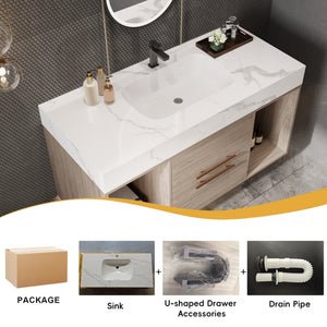 English Elm 39.4'' Floating Bathroom Vanity with Ceramic Sink and Sintered Stone Top, Wall-Mount Modern Design White + Light Oak W3136S00003
