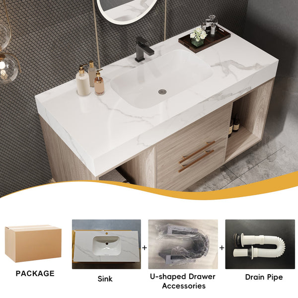 English Elm 39.4'' Floating Bathroom Vanity with Ceramic Sink and Sintered Stone Top, Wall-Mount Modern Design White + Light Oak W3136S00003