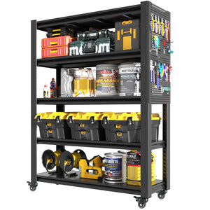 English Elm 78"H Heavy Duty 5-Tier Metal Shelving 400lb/shelf, Pegboard Panels & Locking Wheels, Adjustable Storage Organizer for Garage Warehouse Pantry Workshop (47.2"W) T2398P313255