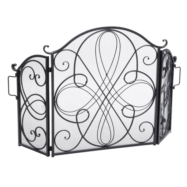 English Elm Christopher Knight Home® - KINGSPORT Rosalinda Floral Iron Fireplace Screen in Black Brushed Gold Finish with Ornate Detail and Protection 55340.00SIL