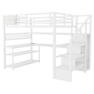 English Elm Full Size Steel Loft Bed with Staircase Storage Wardrobe Desk and Led Lighting White W2593S00078