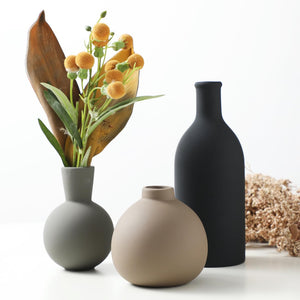 English Elm Rustic Matte Ceramic Vase Trio Neutral Tones Shelf Mantel Farmhouse Boho Decor Black+ Gray W2181P475133