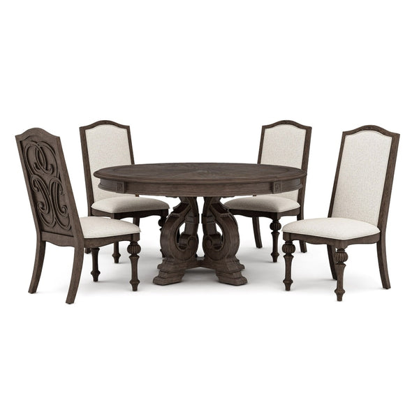 English Elm Elegant Round Pedestal Dining Set Carved Wood Table with Four Upholstered Side Chairs Ivory,Natural,Natural+Rustic B2741S00886