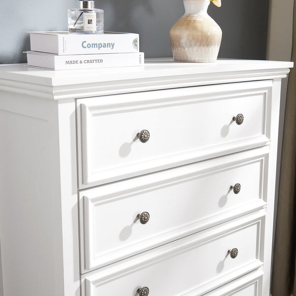 English Elm Modern 5 Drawers Dresser with Smooth Glide Drawers, Stylish Metal Handles & Unique Stable Feet Organizer for Bedroom and Living Room Storage (45.87"L x 20.08"W x 11.03"H) White W2275P149803