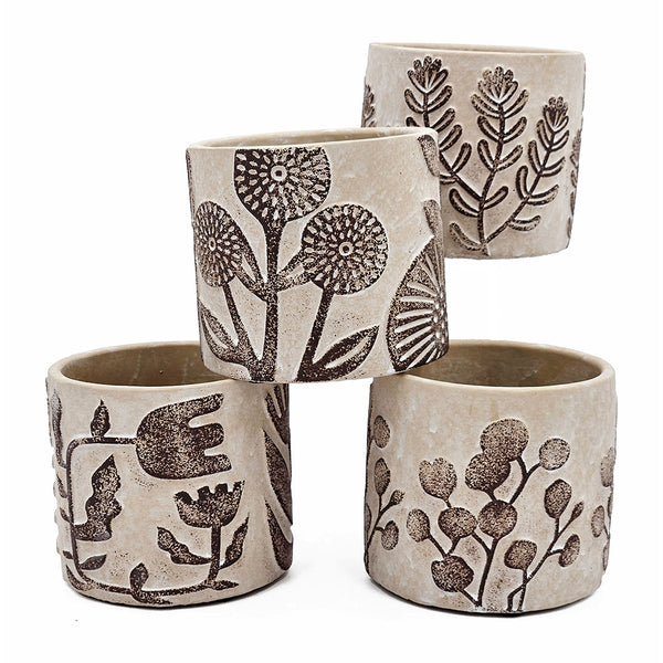 English Elm Set of 4 Earthy Gray Sand & Cement Planters with Brown Botanical Motifs, Modern Succulent Display W2078P334762