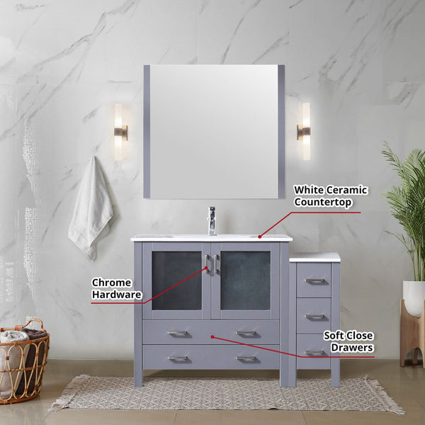 English Elm Dark Grey Single Bath Vanity Set With Ceramic Top, Faucet, Mirror & Side Cabinet For Stylish Storage B2731S01367
