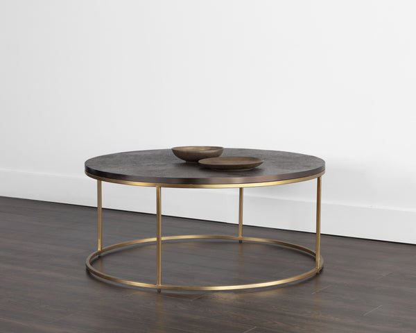 Sunpan Enya Coffee Table - Handcrafted Round Design with Bronzed Gunmetal Top & Brass Frame, Unique Style