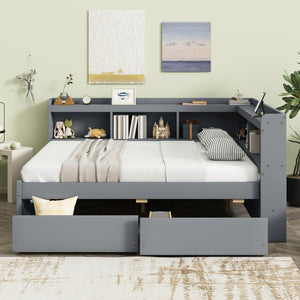 English Elm Full Size L-Shaped Bed With Bookcases, Usb Ports & Drawers - Space-Saving Grey Bedroom Solution W504S00245