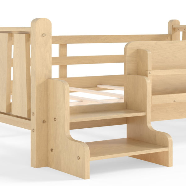 English Elm Twin Pine Floor Bed with Guardrails Built-in Bookcases and Stair Steps for Kids W1580P430186