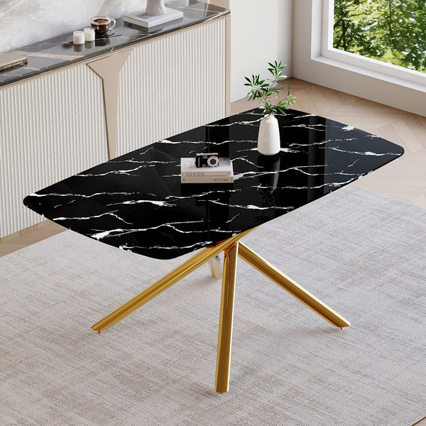 English Elm 63"x35.4" Luxurious Marble-Patterned Tempered Glass Dining Table with Gold Fork Legs, Scratch-Resistant Elegance Black+Gold W1151S03298