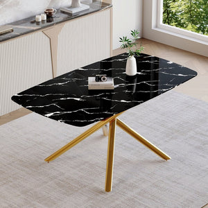English Elm Large Tempered Glass Rectangular Dining Table Seats Six with Matte Black Metal Frame W1151S04535