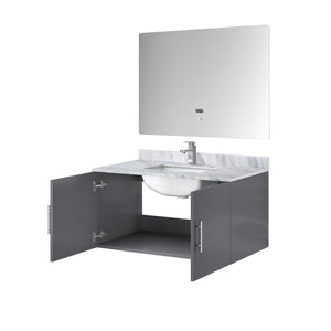 English Elm Dark Grey Bath Vanity Set With Carrara Marble Top, Chrome Faucet, And Led Mirror For Modern Spaces B2731S01309