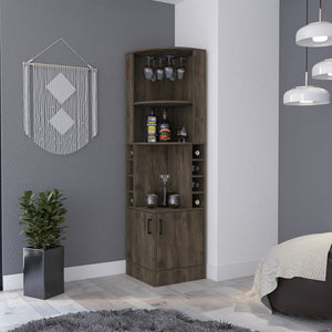 English Elm Seattle Corner Bar Cabinet with 8 Bottle Cubbies, Glass Racks & 2 Open Display Shelves — Modern Elegance B128P176131