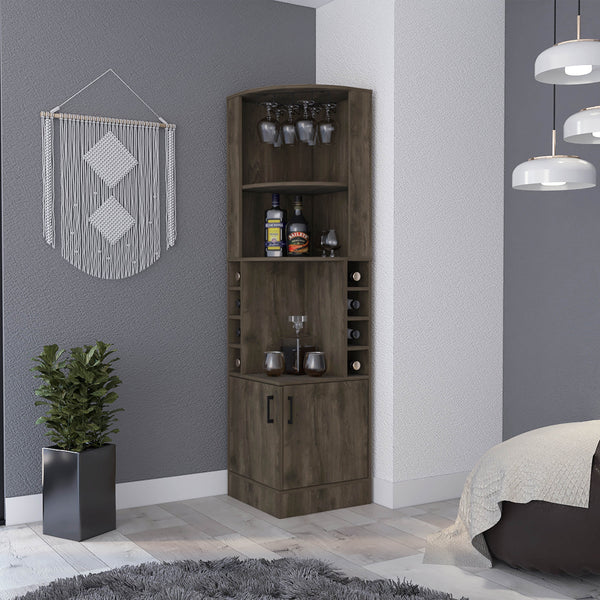 English Elm Seattle Corner Bar Cabinet with 8 Bottle Cubbies, Glass Racks & 2 Open Display Shelves — Modern Elegance B128P176131