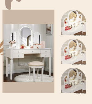 English Elm AGODY Mirrored Vanity with LED Light and Solid Rubber Wood Frame, Skin-Friendly PU Seat for Bedroom Antique White W2170P208420