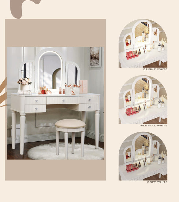 English Elm AGODY Mirrored Vanity with LED Light and Solid Rubber Wood Frame, Skin-Friendly PU Seat for Bedroom Antique White W2170P208420
