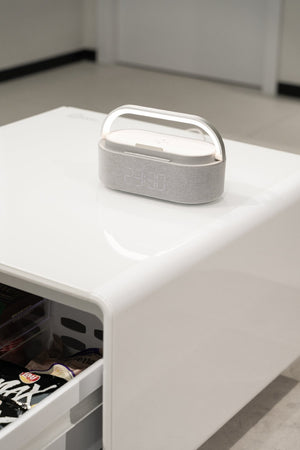 English Elm Modern Coffee Table with Built in Mini Fridge Power Outlets and Beverage Storage White W1172P483597