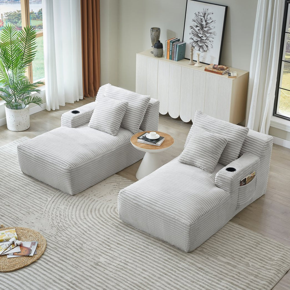 English Elm Compressible Corduroy Double Chaise Lounge with Cupholders, No Assembly, Spring-Padded Comfort Sleeps 94 LIGHT GREY W2339P346395