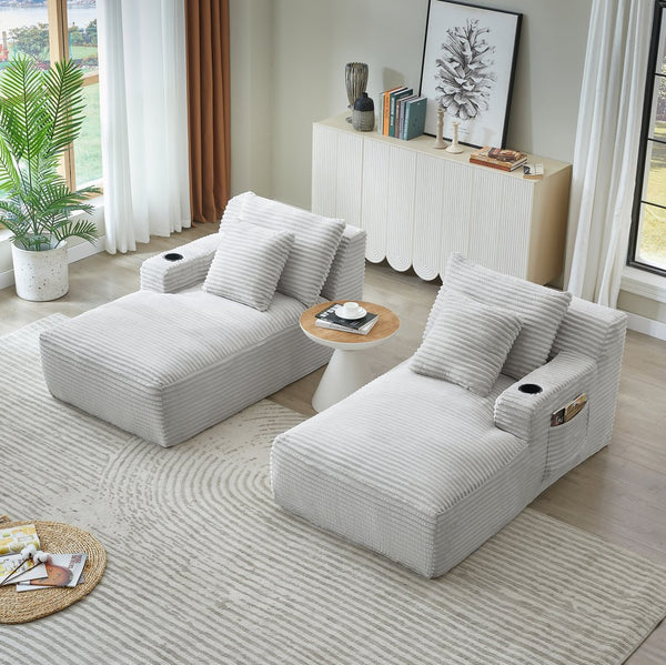 English Elm Compressible Corduroy Double Chaise Lounge with Cupholders, No Assembly, Spring-Padded Comfort Sleeps 94 LIGHT GREY W2339P346395