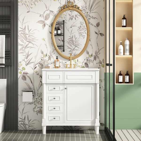 English Elm 30" Bathroom Vanity with Sink — Freestanding Modern Cabinet with Soft-Close Door, 2 Deep Drawers, Durable Basin White N710P288938K