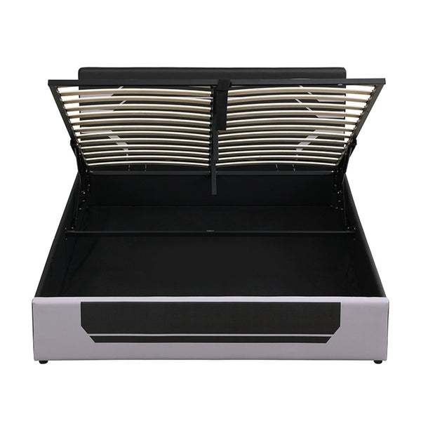 English Elm Modern Cyberpunk Queen Platform Bed Hydraulic Storage Pu Upholstered Gaming Frame Black+ Gray SF000205AAE